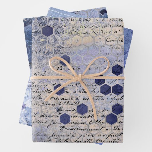  Klassieke blauwe Bee Flowers Mengsel en matchen Inpakpapier Vel (In situ)