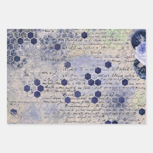  Klassieke blauwe Bee Flowers Mengsel en matchen Inpakpapier Vel (Voorkant)