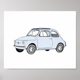 Klassieke blauwe fiat 500 potloodstijl renderen poster