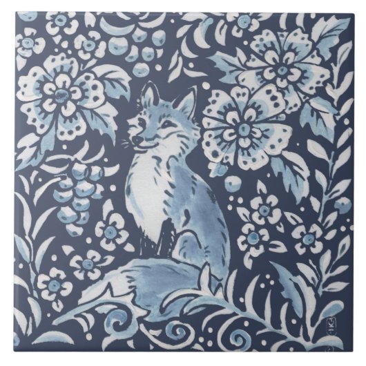 Klassieke Blauwe  Fox Forest Floral Art Tegeltje (Voorkant)