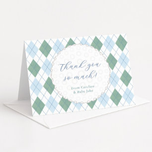 Klassieke Blauwe Groene Golfbal Baby Shower voor J Bedankkaart