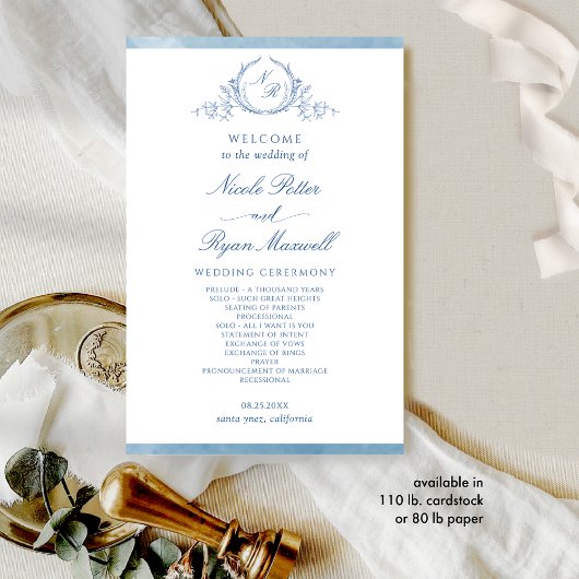 Klassieke, blauwe monogram Waterverf Wedding Progr
