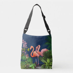 Klassieke blauwe roze flamingos Green Leaves Crossbody Tas