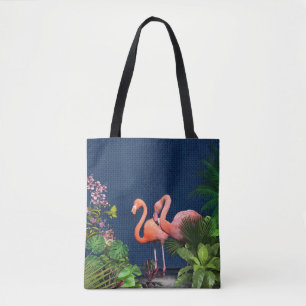 Klassieke blauwe roze flamingos Green Leaves Draagtas