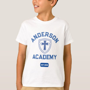 Klassieke blauwe tekst kruis en schild Homeschool T-shirt