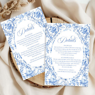Klassieke blauwe toile rozen huwelijksreceptie det informatiekaartje