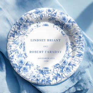 Klassieke blauwe toile rozen huwelijksreceptie taf papieren bordje
