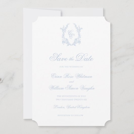Klassieke Blauwe Trouw Wapen Save The Date Uitnodi Kaart (Voorkant)