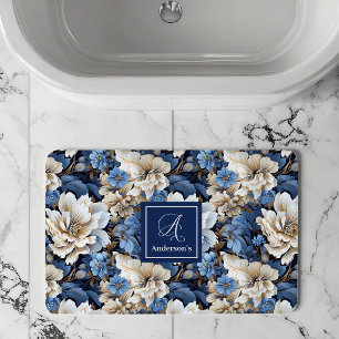 Klassieke Blauwe Witte Bloemen Aangepaste Naam Bad Badmat