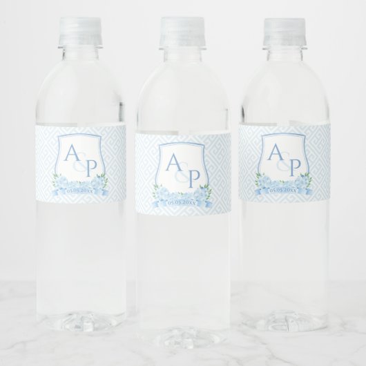 Klassieke Blauwe Witte Hydrangea Bruiloft Crest Pa Waterfles Etiket (Flessen)