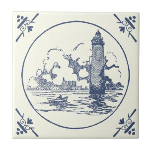 Klassieke Blauwe Zeeen Vuurtoren op Ivoor Tegeltje