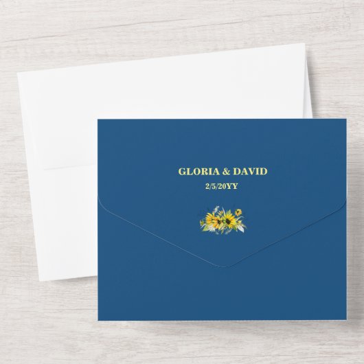 Klassieke blauwe zonnebloem QR-code All In One Uitnodiging (Achterkant)