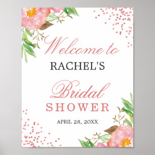 Klassieke bloemrijke roze confetti bruidsdouche poster
