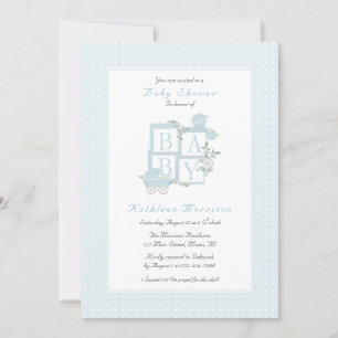 Klassieke blokken en wagen baby shower uitnodiging