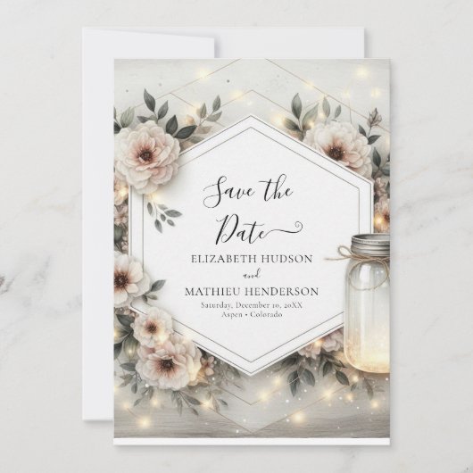 Klassieke Bloom Mason Jar bruiloft Save The Date (Voorkant)