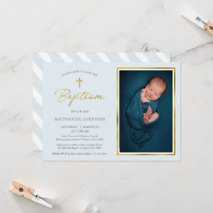 Klassieke Blue en Gold Script Boy Photo Baptisme Kaart