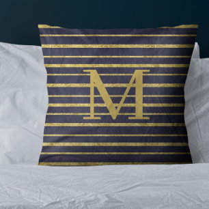 Klassieke Blue Gold Striped Monogramed Kussen
