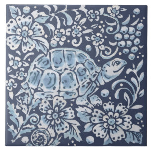 Klassieke Blue White Turtle Forest Floral Art Tegeltje