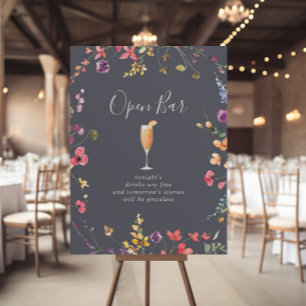 Klassieke Blue Wild Floral Wedde Open Bar Sign Poster