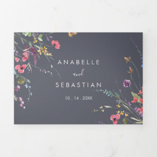 Klassieke Blue Wild Floral Wedding Drieluik Uitnodiging