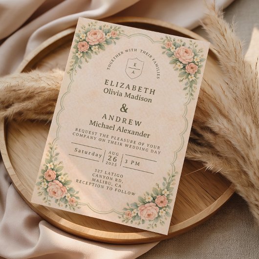 Klassieke Blush Roos Boog Bruiloft Kaart