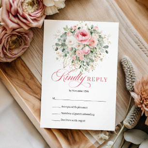 Klassieke Boheemse Blush Gouden Bloemige Trouw-RSV RSVP Kaartje