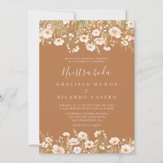 Klassieke Boho Blush Wildflower Nuestra Boda bruil Kaart (Voorkant)