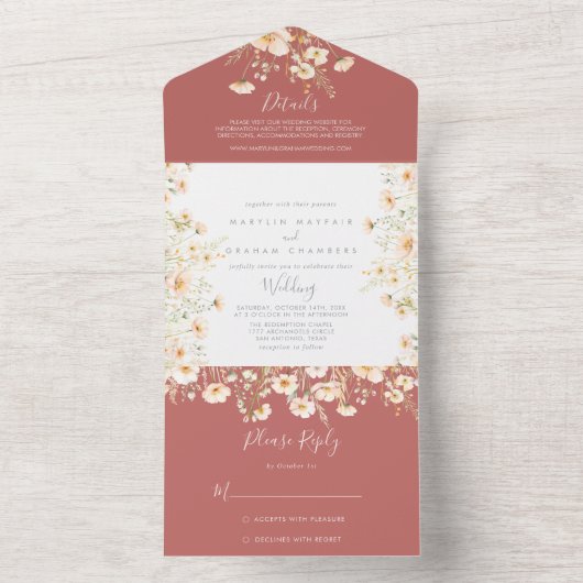 Klassieke Boho Blush Wildflower Wedding All In One Uitnodiging (Binnen)