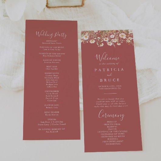 Klassieke Boho Blush Wildflower Wedding Programma