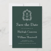 Klassieke bosgroene monogram kam script save the date (Voorkant)