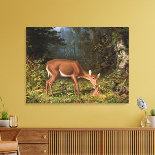 Klassieke boslandschap hinde en baby-reekalf diere canvas afdruk
