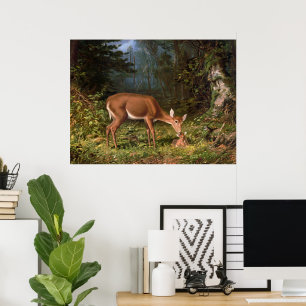 Klassieke boslandschap hinde en baby-reekalf diere poster