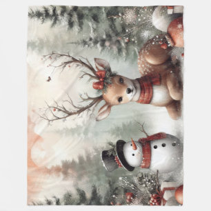 Klassieke bosrijke kerst herten / sneeuwpop fleece deken