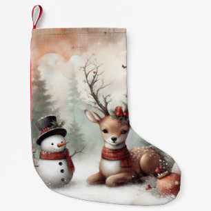 Klassieke bosrijke kerst herten / sneeuwpop kleine kerstsok