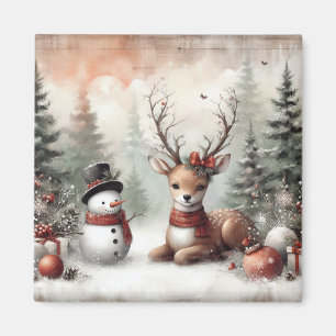 Klassieke bosrijke kerst herten / sneeuwpop magneet
