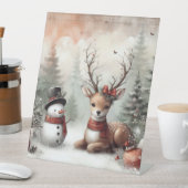 Klassieke bosrijke kerst herten / sneeuwpop reclamebord met voetstuk (Insitu)