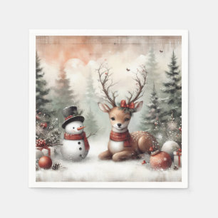 Klassieke bosrijke kerst herten / sneeuwpop servet