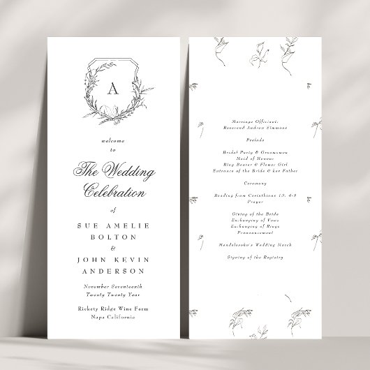 Klassieke Botanicals Monogram Crest Bruiloft Programma