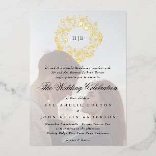 Klassieke Botanische Gouden Bloemen Krans Foto Huw Folie Uitnodiging
