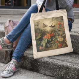 Klassieke botanische scène van kolibries en bloeme tote bag