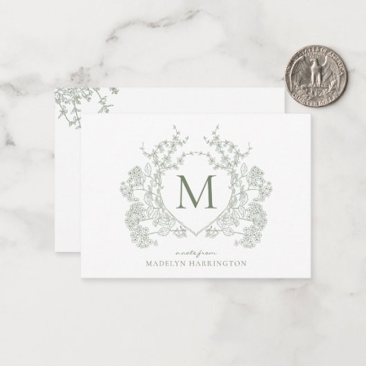 Klassieke Botanische Wijze Groene Bloemen Kam Mono Notitiekaartje (Voorkant / Achterkant in situ)