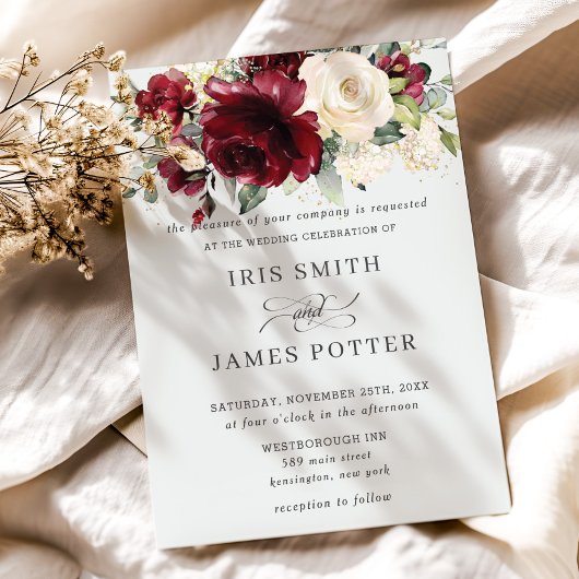 Klassieke Bourgogne Ivory Floral Wedding Kaart