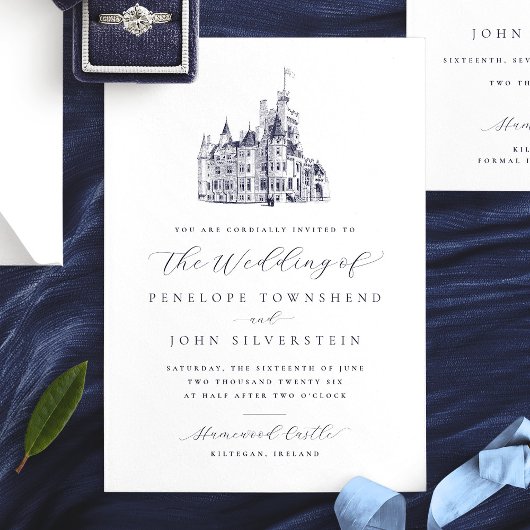 Klassieke  Castle Illustration Script Wedding Kaart
