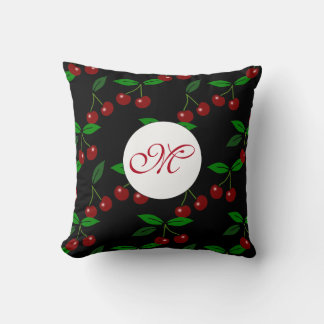 Klassieke Cherry Fruit Leaf Monogram Black Pillow  Kussen