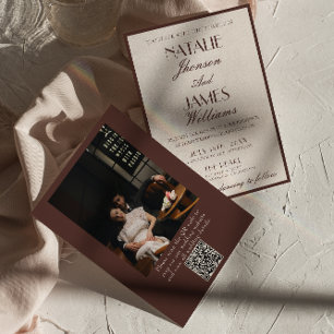 Klassieke Chocoladebruine Fancy Foto QR Code Huwel Kaart