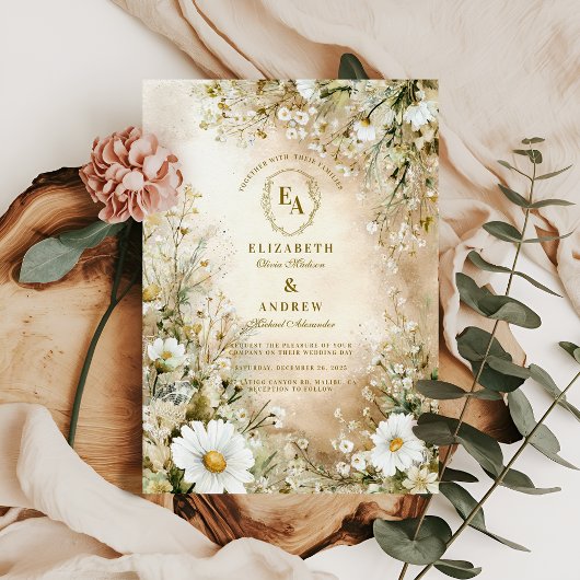 Klassieke Crème en Gouden Botanische Huwelijk Kaart