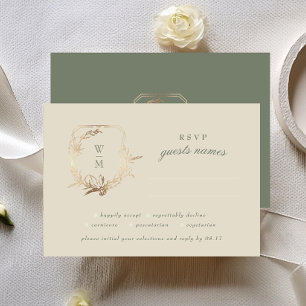 Klassieke Crème & Sage Monogram Gold Crest Bruilof RSVP Kaartje