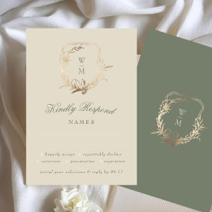 Klassieke Crème & Sage Monogram Goud Botanisch Mot RSVP Kaartje