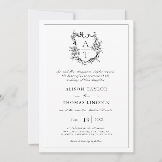 Klassieke Crest Zwart Wit Bruiloft uitnodiging (Voorkant)