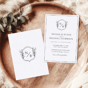 Klassieke Crest Zwart Witte Monogram Bruiloft Kaart